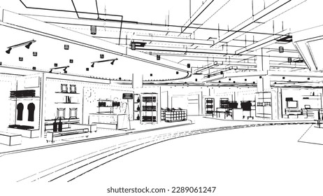 line drawing of the area of the department store hall,fashion store section,3d rendering