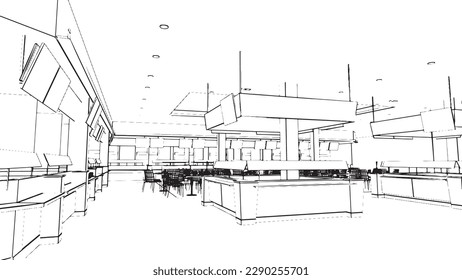 line drawing of the area of the department store hall, the food store section,3d rendering