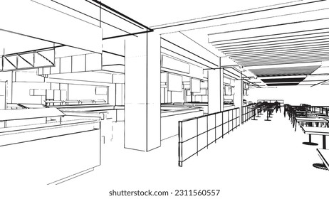 line drawing of the area of the department store hall, the food store section,3d rendering