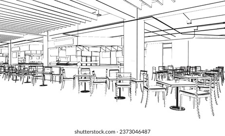 line drawing of the area of the department store hall, the food store section,3d rendering