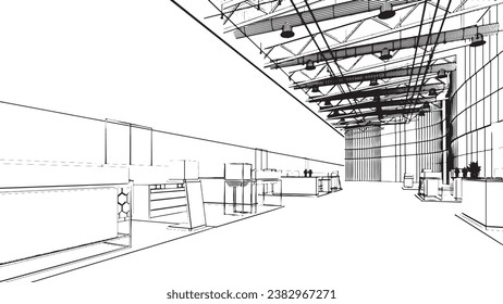 line drawing of the area of the department store hall,3d rendering