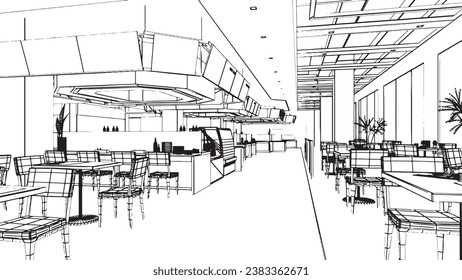 line drawing of the area of the department store hall, the food store section,3d rendering