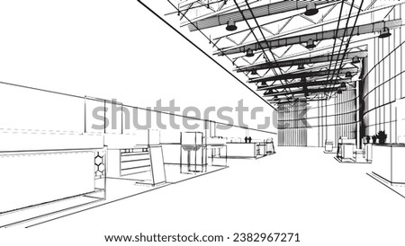 line drawing of the area of the department store hall,3d rendering