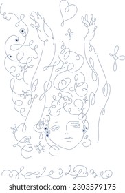 
Line drawing art of a beautiful woman's face,The Little Mermaid.