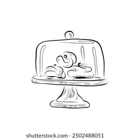 Line drawing. Line art cakes on a plate under a glass lid. Vector minimalist design.
