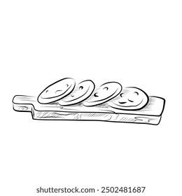 Line drawing. Line art cheesecakes, pancakes on a wooden board.