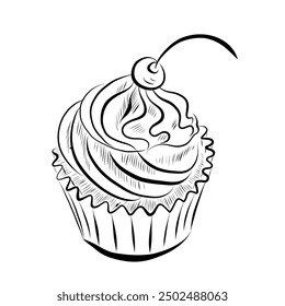 Line drawing. Line art cupcake with cream and cherry. Vector minimalist design.