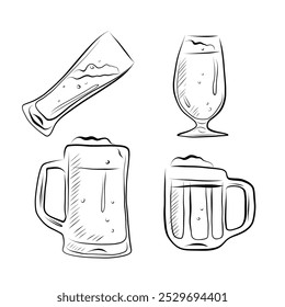 Linienzeichnung. Art Line verschiedene Biergläser. Minimalistisches Vektordesign