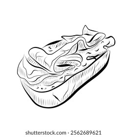 Line drawing. Line art food - bruschetta with cheese, prosciutto . Vector minimalist design