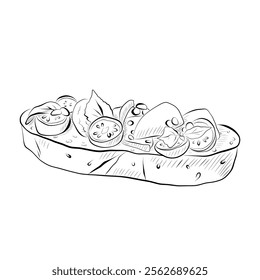 Line drawing. Line art food - bruschetta with tomatoes, cheese and herbs.