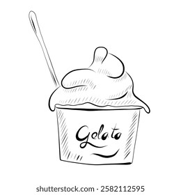 Line drawing. Line art food - Italian cuisine gelato ice cream. Vector minimalist design