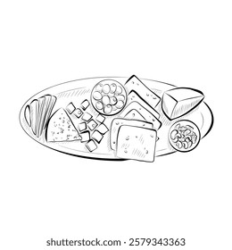 Line drawing. Line art of food - plate with pieces of different cheese, snacks. Vector minimalistic design