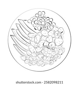 Line drawing. Line art of food - plate with fruits and berries.