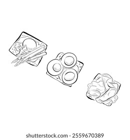 Line drawing. Line art food - three bruschetta with eggs, asparagus and prosciutto. Vector minimalist design