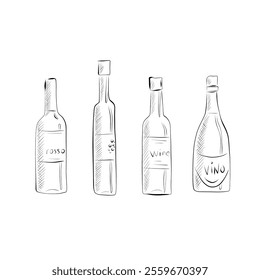 Line Drawing. Line Art - Four Different Shaped Wine Bottles. Vector Minimalistic Design