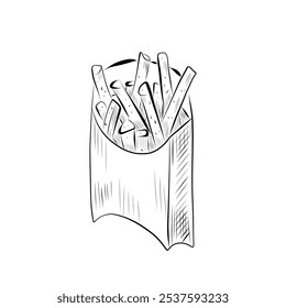 Line drawing. Line art, French fries in a box. Vector