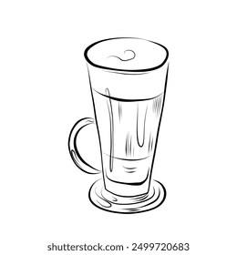 Line drawing. Line art glass with cappuccino latte coffee cocoa. Vector