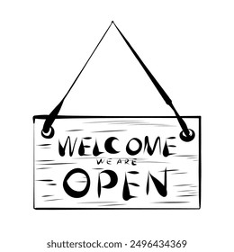 Line drawing. Line art signboard with the inscription Welcome Open.