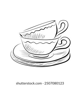 Line drawing. Art line two mugs on saucers. Vector minimalistic design