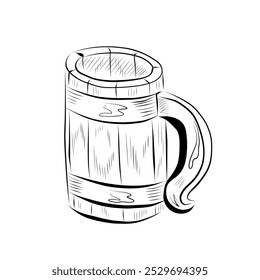 Line drawing. Art line wooden mug for beer. Vector minimalistic design