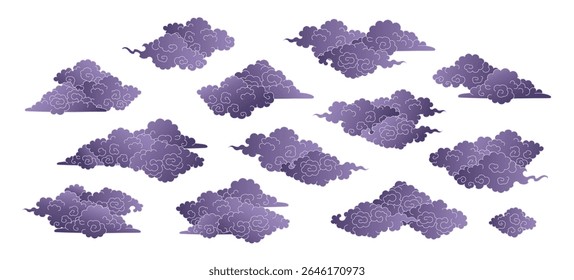 Linha desenho nuvens asiáticas coleção isolada, azul sobre transparente. Ilustração de vetor desenhada à mão. Elementos de design chineses, japoneses, coreanos, conjunto de clip-arts. Arte tradicional budista thangka