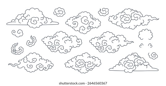 Line drawing Asian clouds collection isolated, blue outline on transparent. Hand drawn vector illustration. Chinese, Japanese, Korean design elements, clip art set. Traditional Buddhist thangka art