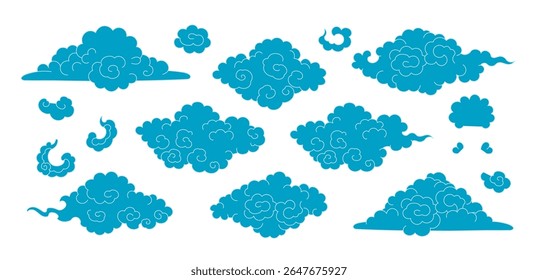 Line drawing Asian clouds collection isolated, blue on transparent. Hand drawn vector illustration. Chinese, Japanese, Korean design elements, clip art set. Traditional Buddhist thangka art