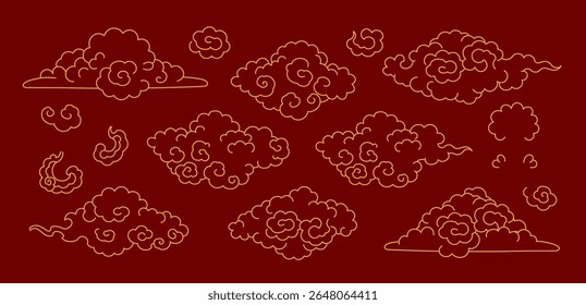 Line drawing Asian clouds collection isolated, gold outline on red background. Hand drawn vector illustration. Chinese, Japanese, Korean design elements, clip art set. Traditional Buddhist thangka art