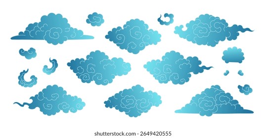 Line drawing Asian clouds collection isolated, blue on transparent. Hand drawn vector illustration. Chinese, Japanese, Korean design elements, clip art set. Traditional Buddhist thangka art