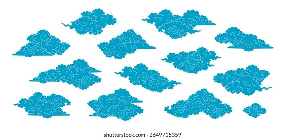 Line drawing Asian clouds collection isolated, blue on transparent. Hand drawn vector illustration. Chinese, Japanese, Korean design elements, clip art set. Traditional Buddhist thangka art