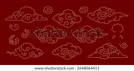 Line drawing Asian clouds collection isolated, gold outline on red background. Hand drawn vector illustration. Chinese, Japanese, Korean design elements, clip art set. Traditional Buddhist thangka art