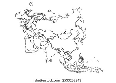 Line drawing of Asian map.Asia map combined with airplane simple outline vector illustration. Editable stroke.