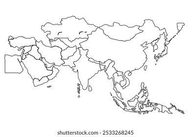 Line drawing of Asian map.Asia map combined with airplane simple outline vector illustration. Editable stroke.