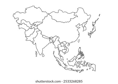 Line drawing of Asian map.Asia map combined with airplane simple outline vector illustration. Editable stroke.