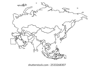 Line drawing of Asian map.Asia map combined with airplane simple outline vector illustration. Editable stroke.