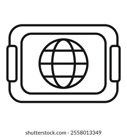 Line drawing of an augmented reality device showing a globe icon representing worldwide access