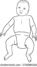 Line Drawing Of Baby In Diaper Laying Down - Hand Drawn Vector Illustration