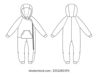 Desenho de linha de um macacão de bebê com um capuz integrado, zíper frontal diagonal e bolso canguru, incluindo vista frontal e traseira.