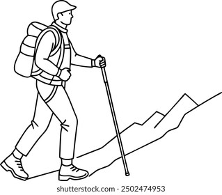 Linienzeichnung eines Backpackers Wandern mit Wanderstock