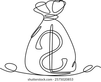 Line drawing of a bag with a dollar sign. Hand drawn without artificial intelligence