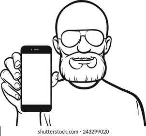 line drawing of a bald man showing a mobile app on a smart phone