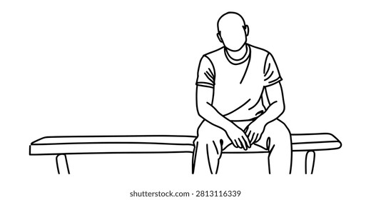 A line drawing of a bald man sitting on a park bench waiting alone Vector, illustration