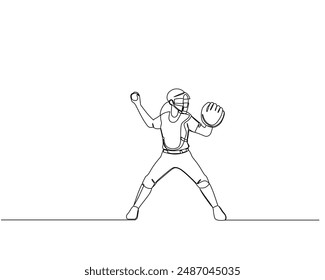 line drawing of a baseball catcher in a defensive stance wears helmet with face mask, chest protector, and leg guards. Sport training and tournament concept for banner or web design