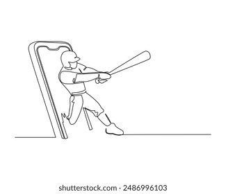 line drawing of a baseball player in the midst of a swing wears a helmet and holds a bat with both hands to hit a baseball coming out the smartphone. Virtual sport concept