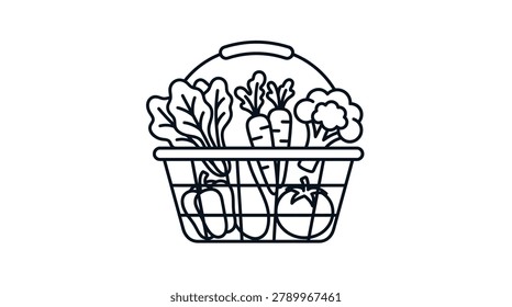 A line drawing of a basket filled with various fresh vegetables.