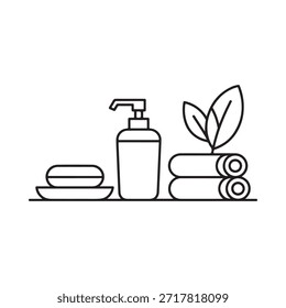 Dibujo en línea de productos de baño, incluyendo loción de jabón y toallas enrolladas