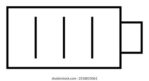 Line drawing of a battery showing three vertical lines inside a rectangular shape with a smaller rectangle on the right. Ideal for technology, energy, electronics, power, charging.