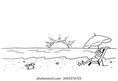 Line drawing of beach landscape with man relaxing