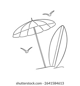 Line drawing of beach umbrella surfboard and flying seagulls