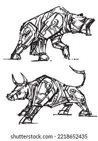 Line drawing of a bear and a bull. Robots Animals. Digital currencies. Crypto market